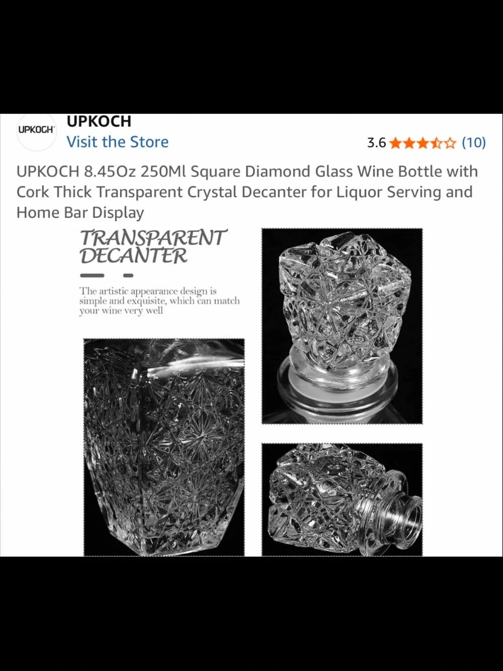 Krystallo/ compatible to UPKOCH Square Diamond Cut Glass Decanter - Clear